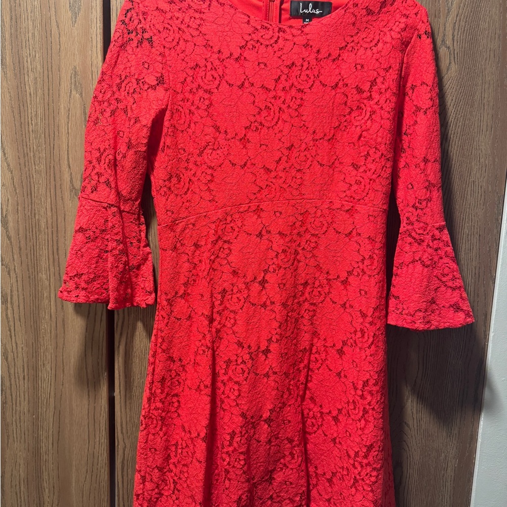 Lulu's Red Fit and Flare Dress with Bell Sleeves